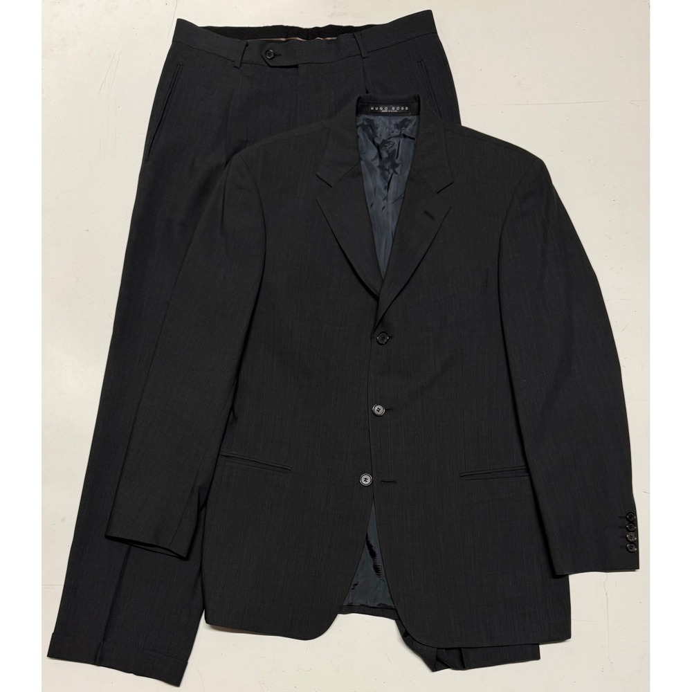 Hugo Boss Mens‎ Gray 3 Button Suit Set Made in USA Charcoal Blazer Trousers